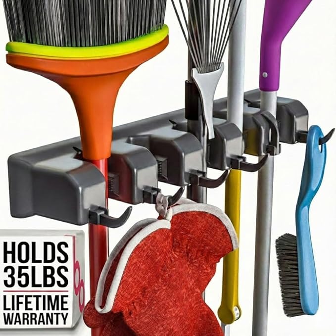 Berry Ave 5 Racks 6 Hooks Mop and Broom Holder Wall Mount, Broom Organizer Storage Tool Rack, Heavy Duty Wall Mount for Brooms and Mops, Utility Closet Garage Kitchen Laundry Organizer