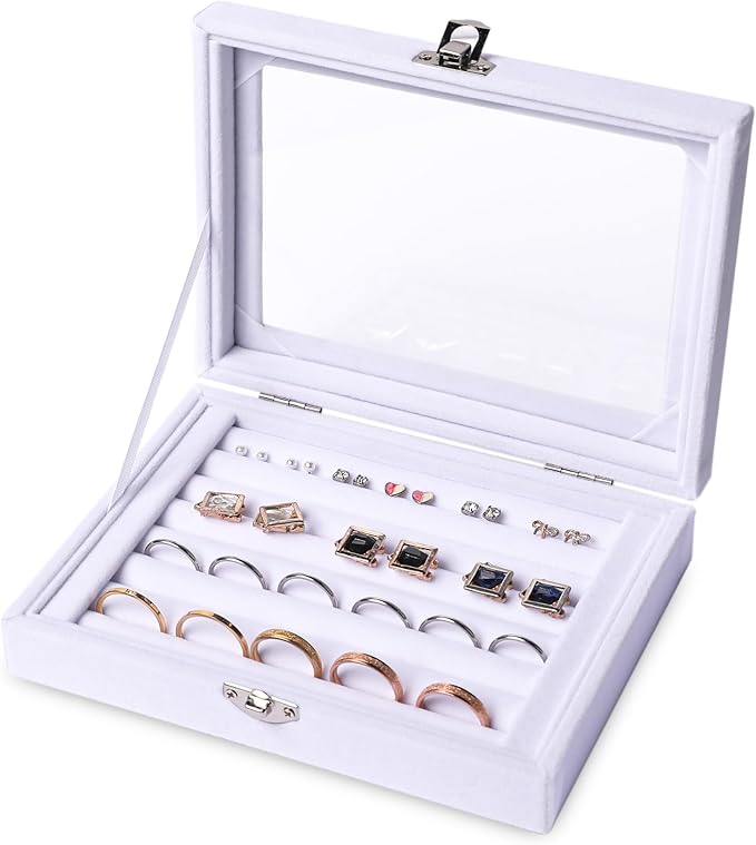 Frebeauty Rings/Earring Organizer Tray with Clear Lid,7 Slots Ring Box Velvet Ring Holder Drawer Insert Jewelry Storage Box Jewelry Display Case Jewelry Box Gift for Women and Girls(7 Slots,White)