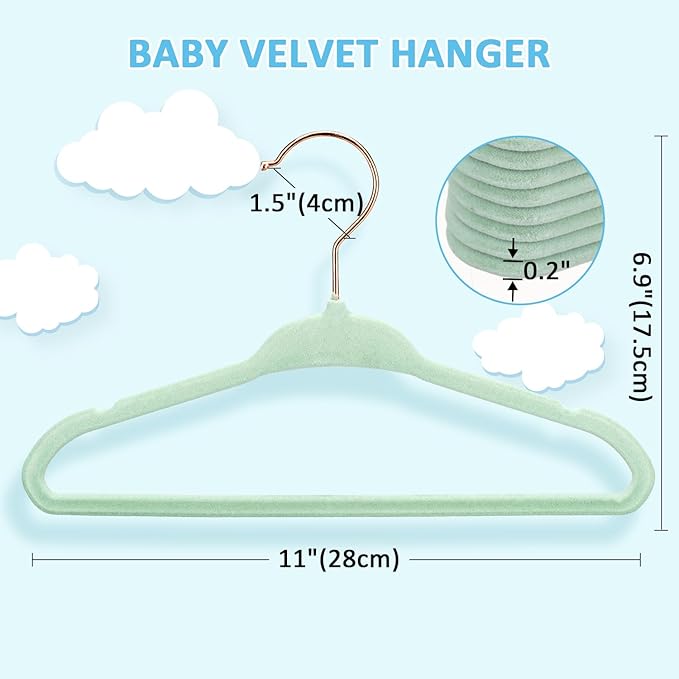 Tonswachic Baby Hangers 11 Inch, 50 Pack Velvet Baby Clothes Hangers Non-Slip Ultra-Slim Children Hangers with 10 Clips for Infant Toddler Newborn, Space-Saving Closet Organization - Green