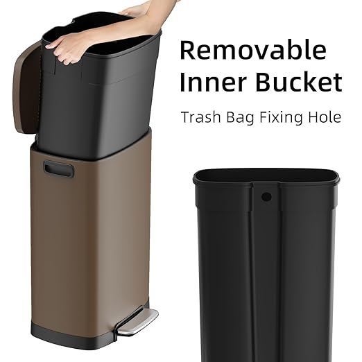 KUK 13 Gallon Kitchen Trash Can with Lid, 50L/13Gal Office Step Garbage Can for Home, Kitchen, Laundry Room, Office, Brushed Stainless Steel, Brown