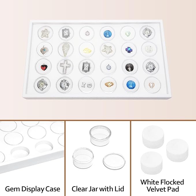 Ikee Design 24 Gem Showcase Stackable Jewelry Display Tray for Collectibles, Rock Storage Box Gemstones Bead Storage Jars, White Foam, White Tray, 14 7/8W x 8 3/8D x 1H in