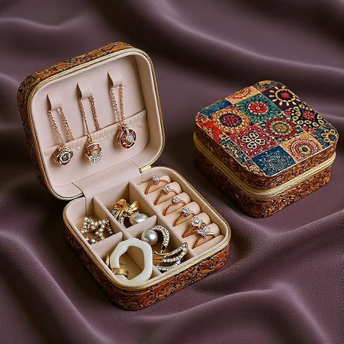 Retro Cork Jewelry Box with Bohemian Patterns for Storing Rings, Necklaces and Earrings During Travel, Soft Velvet Interior, 3.8x3.8x1.8 Inches