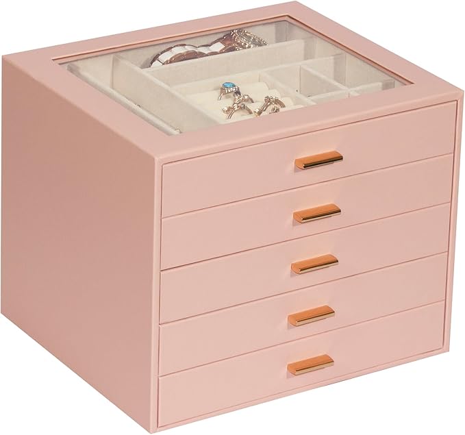 Jewelry Box with Glass Lid, 5-Layer Jewelry Organizer for Women Girls, PU Leather Display Case with 20-Grid Earring Tray & Movable Dividers for Necklaces Rings,Pink
