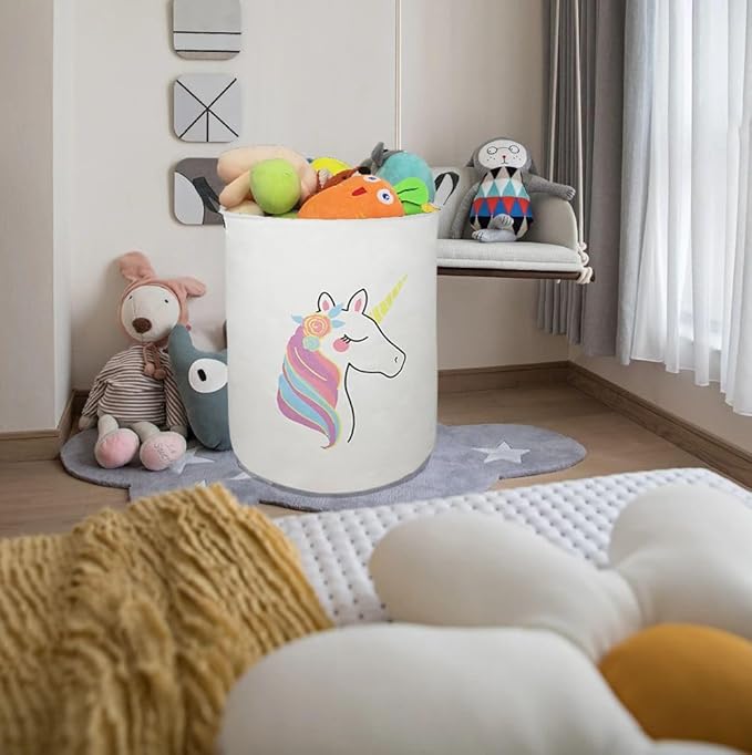 Collapsible Kids Laundry Basket Clothes Hamper, Foldable Storage Organizer Bin, Toy Clothes Storage with Handles for Boys Girls Bedroom, Room Decor Unicorn