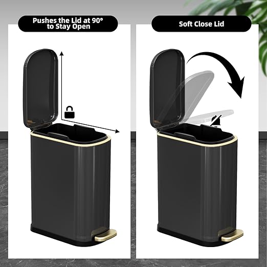 KSSKSS 2.6 Gallon Slim Bathroom Trash Can with Soft-Close Foot Pedal, 10L Stainless Steel Garbage Can with Removable Liner Bucket, for Narrow Spaces,Bathroom, Bedroom (Titanium Black)