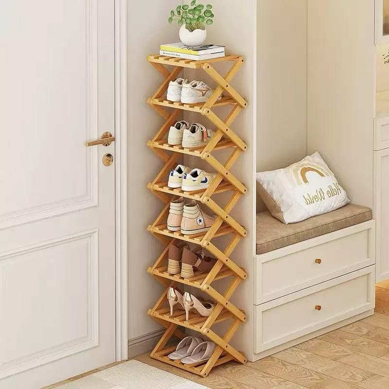 8 Tier Foldable Shoe Rack, Bamboo Vertical Shoe Organizer Tall for Multifunctional Narrow Shoe Shelf for Entryway, Closet, Corner, Bedroom, Hallway(Natural) by XZXWZX