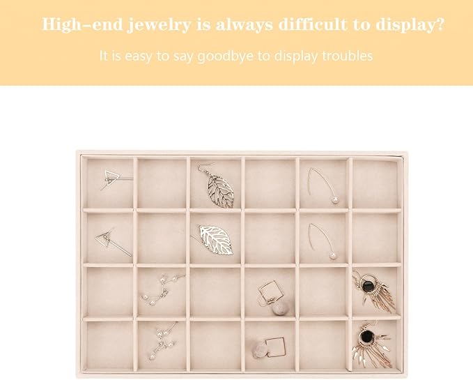 Large Velvet Jewelry Tray, Drawer Organizer for Jewelry in Dresser, Stackable Jewelry Drawer Organizer Inserts for Earring Necklace Bracelet Rings(Beige,24grid)