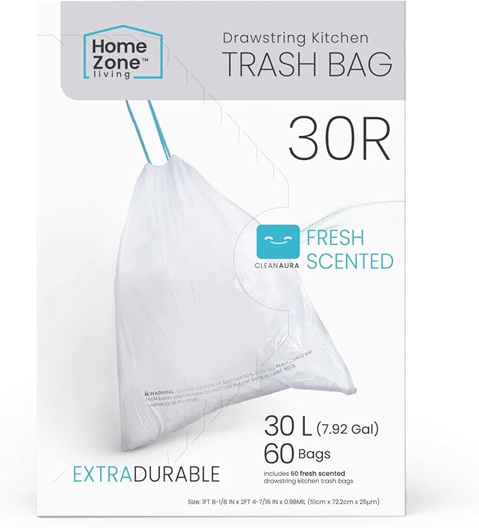 Home Zone Living 8 Gallon Kitchen Trash Bags with Drawstring Handles, Heavy Duty Custom Fit Design for 30 Liter Dual Recycling Liners, Code 30R, 60-Count