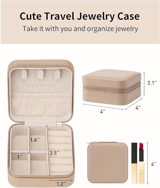 VLANDO Travel Jewelry Case - Valentines Day Gifts - Small Jewelry Travel Organizer Box Travel Essentials Gift for Teen Girl Women - Toffee