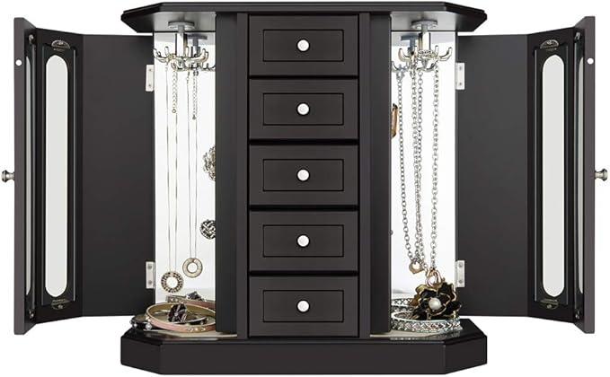 RR ROUND RICH DESIGN Jewelry Box - Made of Solid Wood with Cabinet Type 5 Drawers Organizer and 2 Separated Open Doors on 2 Sides and Large Mirror Black