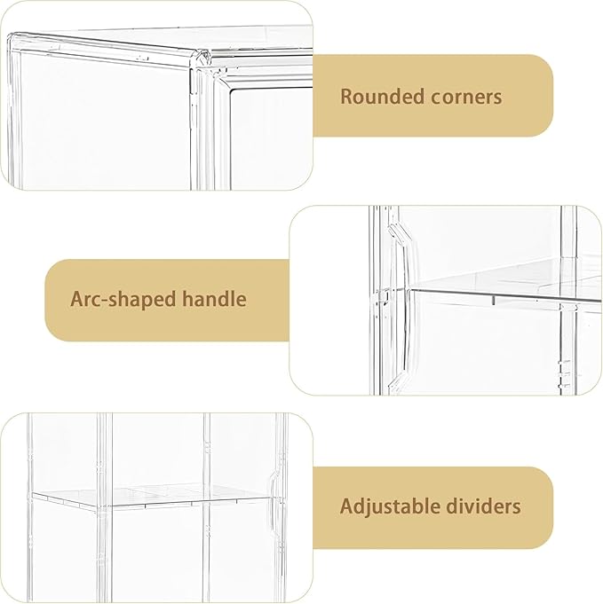 Attelite Acrylic Display Case Compatible with POP MART Labubu Display Case 4 Pack Clear Display Box with Magnetic Door for Figures Collectibles, 3 Adjustable Layers with a Removable Divider,X Large