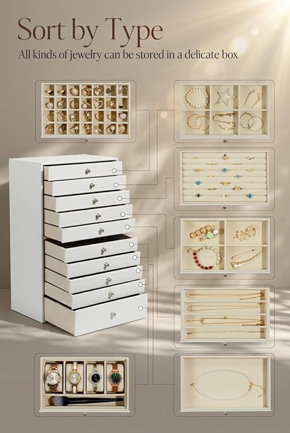 GUKA Large Jewelry Box, Jewelry Case with 10 Drawers for Big and Small Jewelry, Jewelry Storage Organizer for Watch Earrings Necklace Rings Bracelets, Birthday Wedding Gifts, White