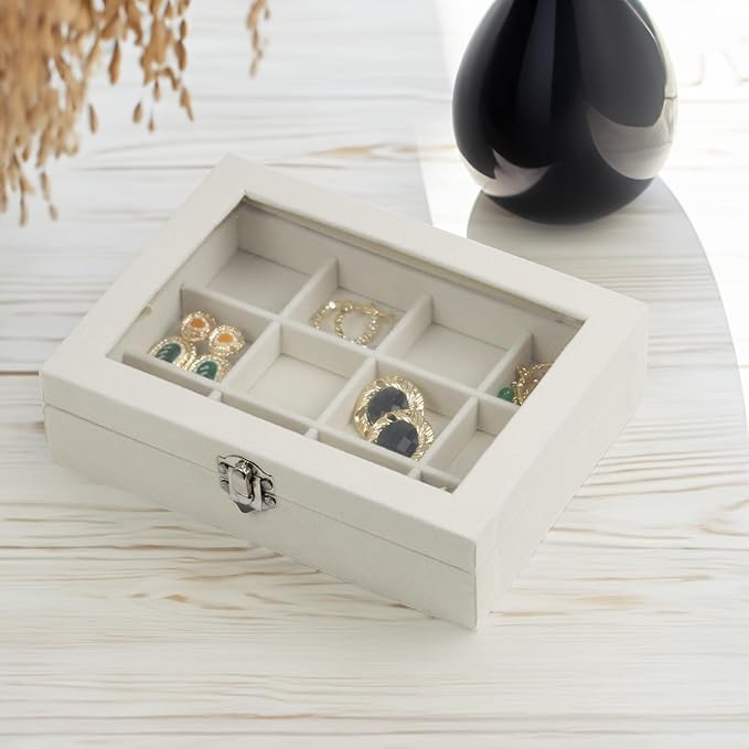 Fordonral Velvet Jewelry Organizer Box, Jewelry Drawer Organizers Trays, Earring Ring Necklace Holder Display Case (Beige, 12 Grid Box)