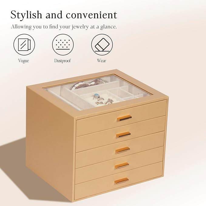 Jewelry Box with Glass Lid, 5-Layer Jewelry Organizer for Women Girls, PU Leather Display Case with 20-Grid Earring Tray & Movable Dividers for Necklaces Rings,Camel