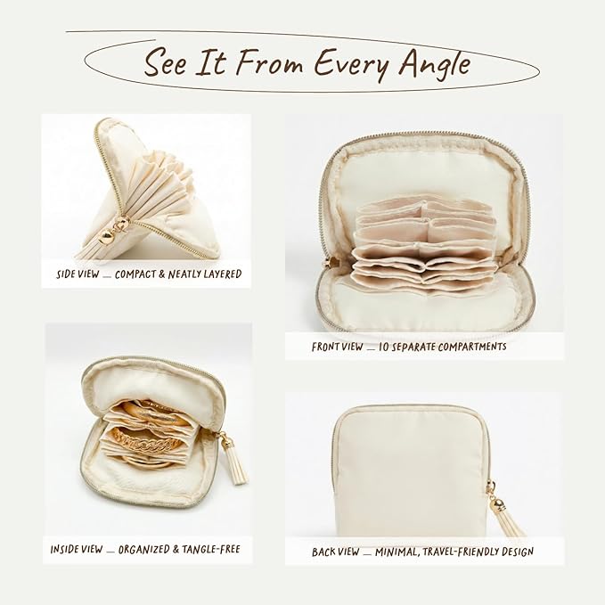 Mini Travel Jewelry Case, Small Jewelry Organizer, Jewelry Travel Case for Women, Portable Travel Jewelry Organizer Bag, Travel Jewelry Box – 5.3 × 5.1 inches (Ivory)