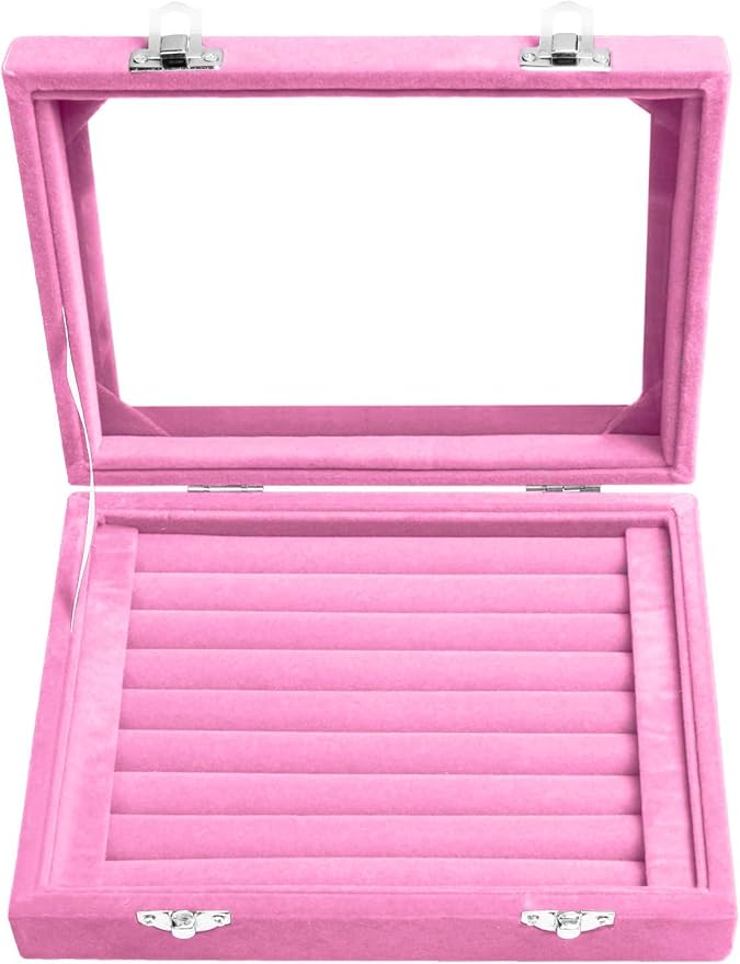 Jewelry Box Rings Organizer Tray 7 Slots Velvet Earring Storage Box With Transparent Lid Jewelry Display Case for Women (Light Pink)