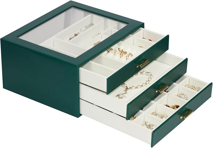 Jewelry Box Organizer with 3 Drawers,Glass Lid Jewelry Boxes for Women,Jewelry Storage for Rings,Necklaces,Earrings,Bracelets,Interesting Gift,Green