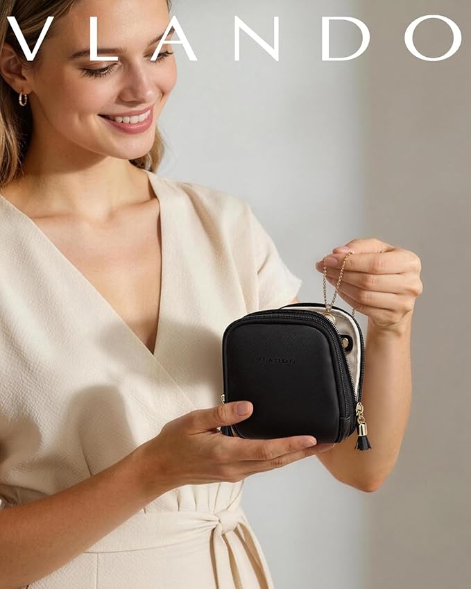 VLANDO Travel Jewelry Case,2-Layer Jewelry Organizer for Travel,Mothers Day Mom Gifts Teacher Gift,Multi-Compartment Jewelry Storage for Rings Earrings Necklaces Bracelets-Black