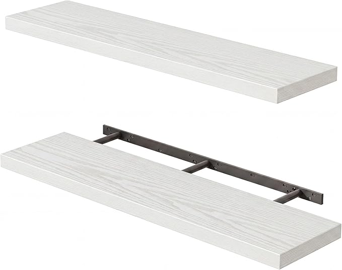 Fixwal Floating Shelves for Wall, 35" Long Heavy Duty Wall Mounted Rustic Wood Shelves for Living Room, Bedroom, Bathroom and Kitchen, for Storage, Books, Room Decor (White, Set of 2)