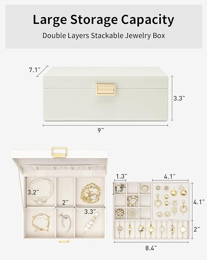 VLANDO Jewelry Box for Women, Gift for Women Girls,2 Layer Jewelry Box,Large Jewelry Organizer for Women Removable Jewelery Tray for Necklace Earrings Rings(Cream White)