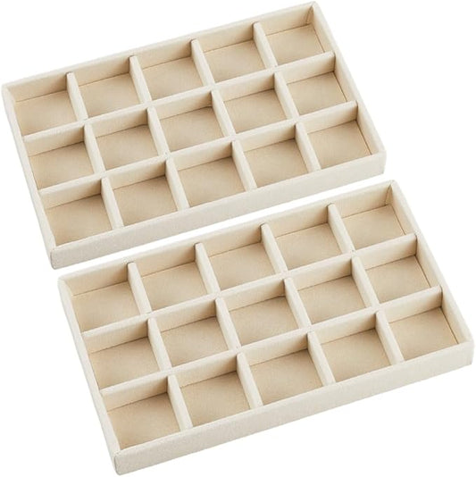 2Pcs 5 x 8.3 Inch Stackable Jewelry Trays Earring Holder Organizer Antique White 15 Grids Velvet Dresser Jewelry Drawer with Removable Divider for Bracelet Ring Watch Trinket Display Showcase