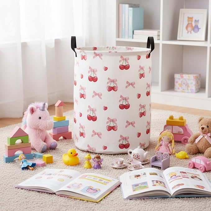 Baby Laundry Basket Baby Nursery Hamper Kids Laundry Basket Toy Storage Bin for Boys Room Decor Gift Baskets for Bedroom Bathroom(Cherry)