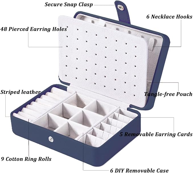 QBestry All-in-One Travel Jewelry Organizer for Women Navy | Small Jewelry Box with 68 Earring Holes | Compact Portable Jewelry Case for Earrings, Rings, Necklaces | Perfect Gifts for Mom Wife Girls