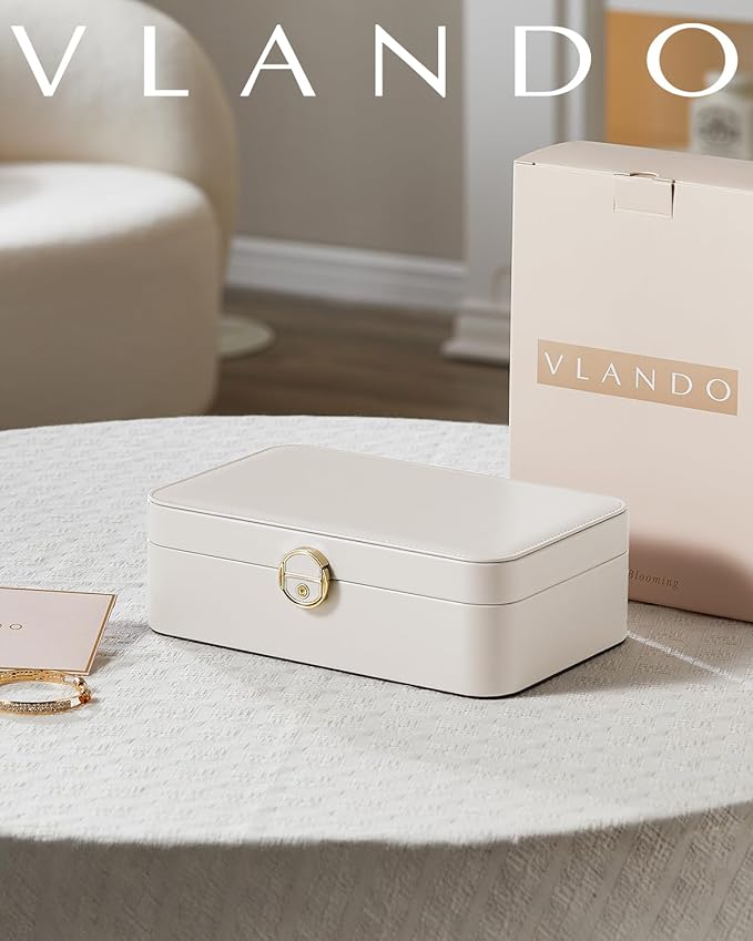 VLANDO 2 Layer Jewelry Box,Jewelry Organizer Storage Lockable Earring Organizer Removable Jewelry Tray with Watch Pillow for Neckable Ring Bracelets-Cream White