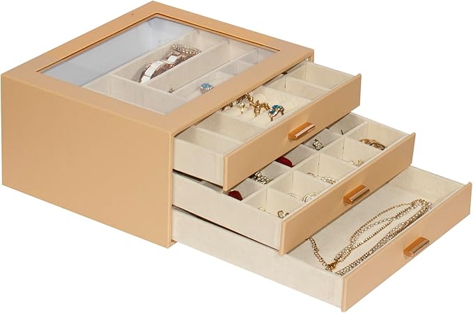Jewelry Box with Glass Lid, 3-Layer Jewelry Organizer for Women Girls, PU Leather Display Case with 20-Grid Earring Tray & Movable Dividers for Necklaces Rings,Camel