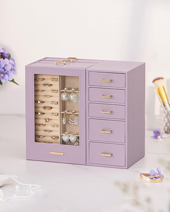 Homde Large Jewelry Box/Organizer/Case with Glass Window, Drawers for Necklaces Earrings Rings Bracelets Watches Gift for Women Girls