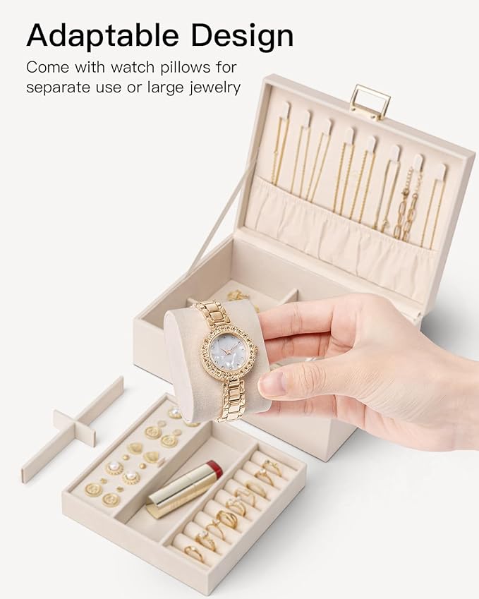 VLANDO 2 Layer Jewelry Boxes Large Jewelry Organizer for Women Removable Jewelery Tray for Watch Necklace Earrings Rings Bracelets Mothers Gifts Mom Gifts(Apricot White)