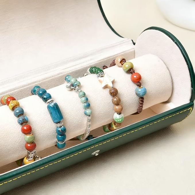 Jewelry Box for Bracelets – Vintage Leather Cylindrical Bangle Box Large Capacity Organizer for Cuffs, Bead Bangles, Travel Storage Case