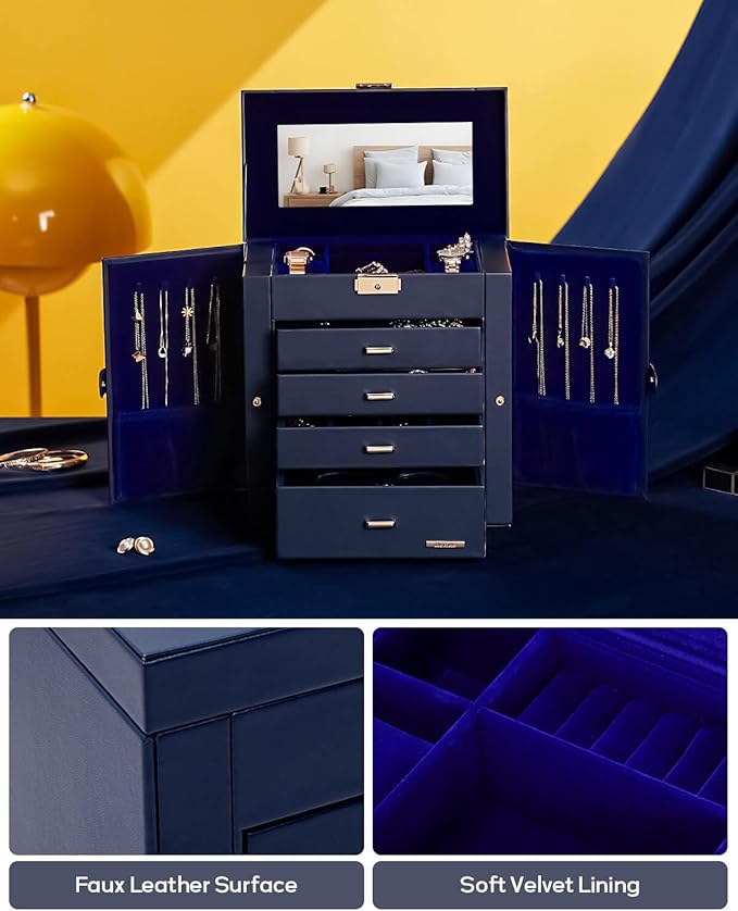 Homde Mothers Day Gifts Synthetic Leather Huge Jewelry Box Mirrored Watch Organizer Necklace Ring Earring Storage Lockable Gift Case (Dark Blue + Gold)