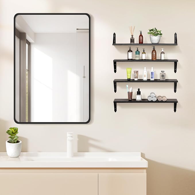 ROMGUAR CRAFT Wood Floating Shelves Set of 4, Rustic Storage Decor Wall Shelves, Wall Mounted Shelf for Living Room, Bedroom 23.6" x 6", Black