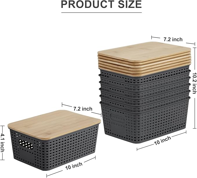 Bagnizer Small Plastic Storage Bins with Bamboo Lids 5.2qt Stackable Box Basket Pantry Decorative Containers Cute with Label for Organizing Desktop Closet Office Gray of 6 packs 10 * 7.2 * 4.1"