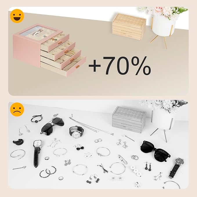 Jewelry Box with Glass Lid, 4-Layer Jewelry Organizer for Women Girls, PU Leather Display Case with 20-Grid Earring Tray & Movable Dividers for Necklaces Rings,Pink