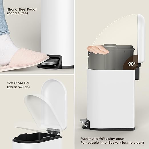 CEROELDA Small Bathroom Trash Can with Lid Soft Close, 5L/1.3 Gallon Stainless Steel Slim Garbage Can, Metal Waste Basket with Step Pedal, for Office, Bedroom, Toilet, Dorm Room (White, 1.3 Gallon)