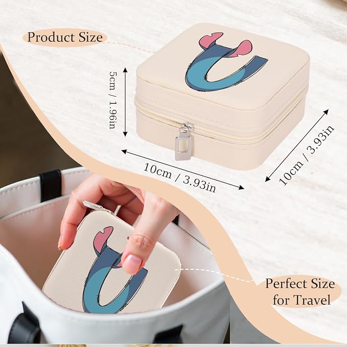LONGXIN Cute Cartoon Gifts, Initial Travel Jewelry Case Small Jewelry Box Organizer, Personalized Gifts for Women Teen Girls, Birthday Christmas Gifts for Cartoon Lovers, Letter U