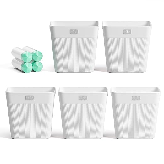 JOYMOOP Slim Trash Can 5-Pack, 2.9 Gallon Plastic Wastebasket for Bathroom, Bedroom, Office, Kitchen with 4 Rolls Bags, White