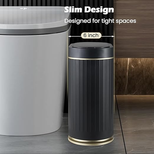 SYNCVIBE Bathroom Sensor Trash Can with Lid Automatic 2 Gallon Small Sensor Garbage Bin, 7.5 Liter Motion Sensor Smart Rubbish Bin Bathroom Decor, Slim Waterproof Plastic Garbage Can, Black Gold