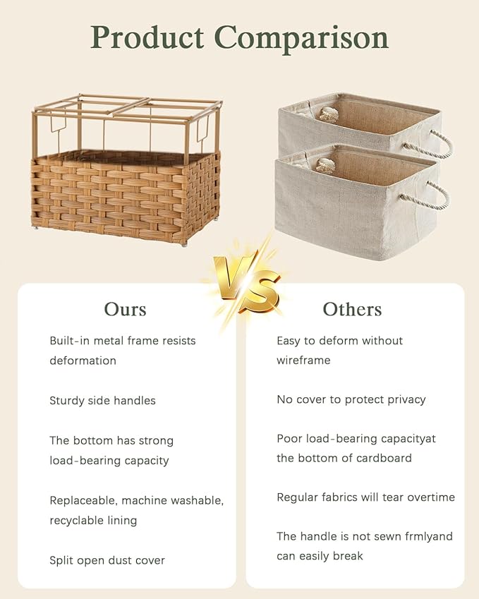 SETVSON Storage Basket with Lid Woven Wicker Baskets with 2 Separate Lid, 9.2 Gallon (35 L) Wicker Storage Bins with Handles, Foldable and 2 Removable Liner Bags for Bedroom, Laundry Room Natural