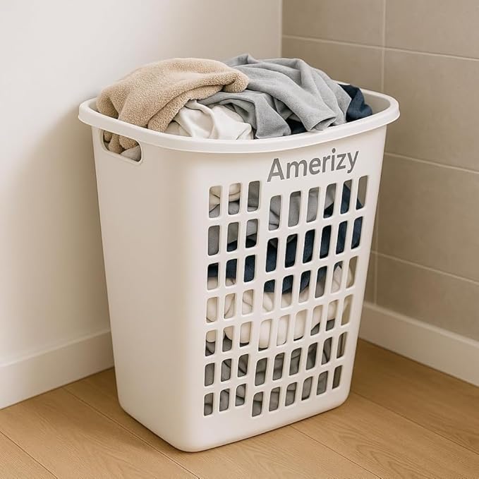 Large White Plastic Laundry Hamper – Rectangular Open Top Clothes Basket with Ventilation, Lightweight Durable Bin for Bedroom, Bathroom, Closet or Dorm Use 2 pack