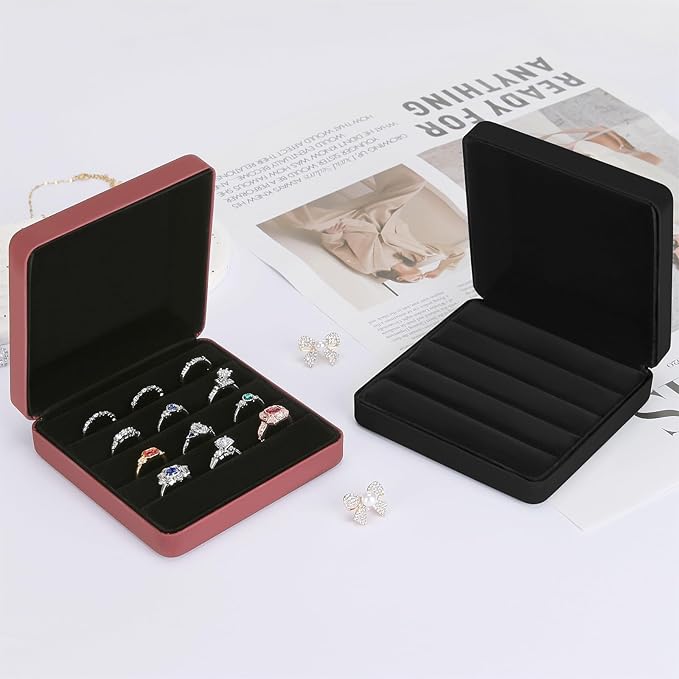 KUKUVR Ring Storage Organizer Box for Multiple Rings, Travel Portable Jewelry Ring Stud Earring Case, Ring Tray Holder Showcase Display Case (Black)