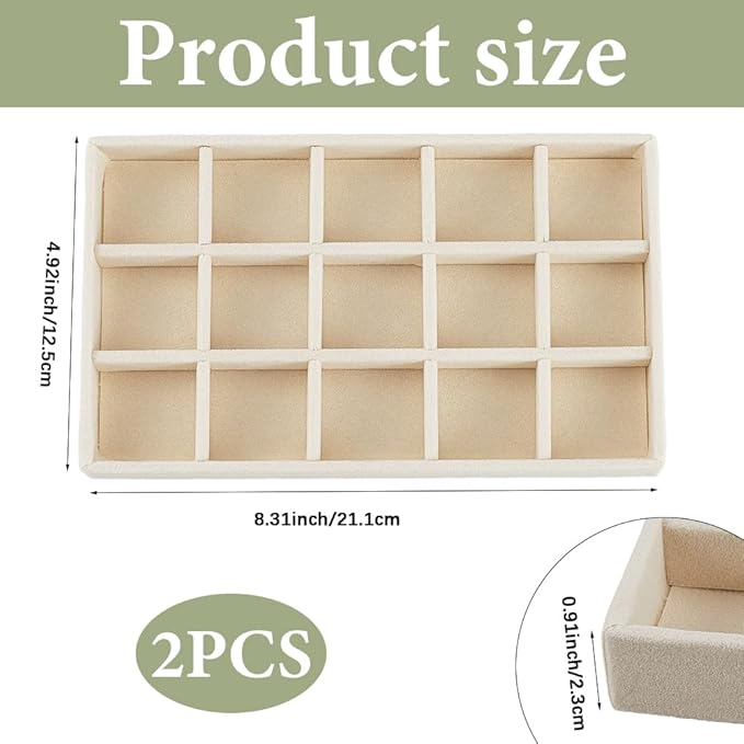 2Pcs 5 x 8.3 Inch Stackable Jewelry Trays Earring Holder Organizer Antique White 15 Grids Velvet Dresser Jewelry Drawer with Removable Divider for Bracelet Ring Watch Trinket Display Showcase