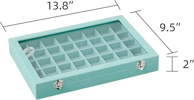 Frebeauty 40 Grid Jewelry Tray,Adjustable Earring Holder Organizer with Glass Lid,Velvet Drawer Jewelry Organizer for Rings,Studs,13.8 x 9.5 x 2 Inches Jewelry Display Box,Gift for Women(Turquoise)