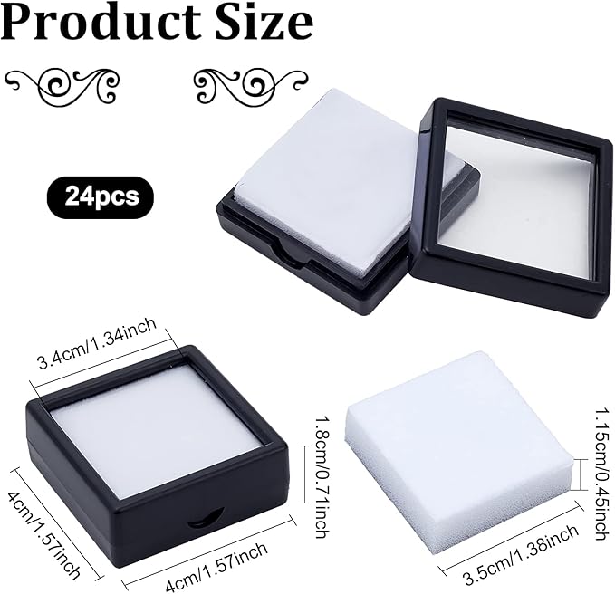 BENECREAT 24PCS Black Gemstone Display Box Jewelry Box Container with Clear Top Lids 1.5x1.5x0.6 for Gems, Jewelry, Crystal Diamond Accessories Display