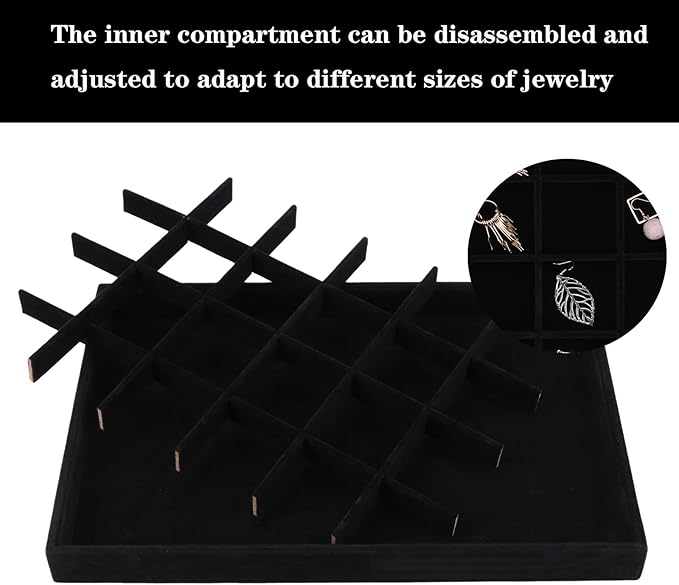 Large Velvet Jewelry Tray, Drawer Organizer for Jewelry in Dresser, Stackable Jewelry Drawer Organizer Inserts for Earring Necklace Bracelet Rings(Black,24grid)