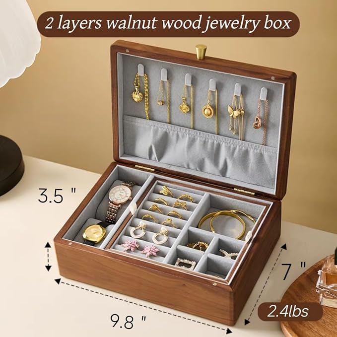 Bescott 2 Layer Solid Black Walnut Wooden Jewelry Box for Women Wood Vintage Organizer for Men Earrings Rings Necklaces Bracelet Watch Storage