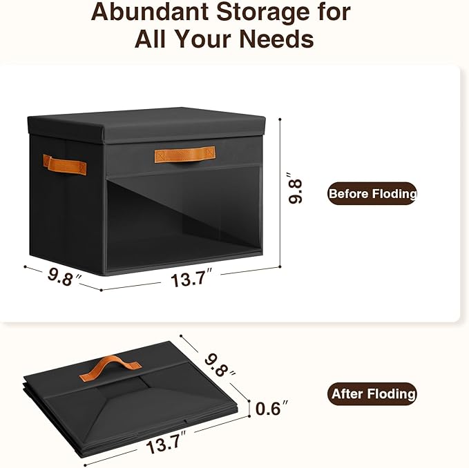 Homsorout Large Storage Bins with Lids - 3 Pack Foldable Decorative Organizers with Clear Windows & Handles, Cube Storage Organizers for Clothes, Blankets, Sweaters, Sheets, Black