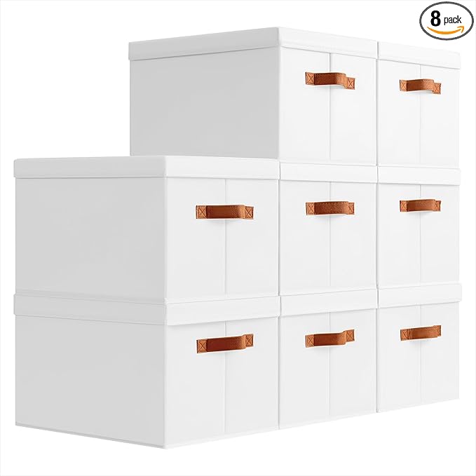 Homsorout Storage Bins with Lids - Large Fabric Closet Bins with Lid, 8 Pack Clothes Organizers and Storage, Collapsible Stackable Cube Basket for Home, Office, Dorm, White